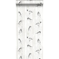 ESTAhome behang pengetekende vogels op sloophout planken zwart en wit