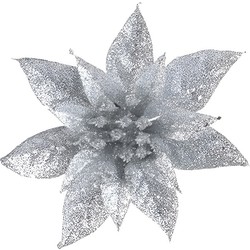 1x Kerstversieringen glitter kerstster zilver op clip 15 cm - Kersthangers