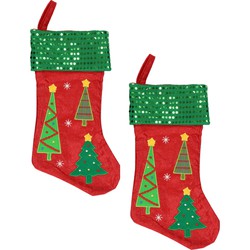 2x stuks kerstversiering kerstsokken rood met groene pailletten 45 cm - Kerstsokken