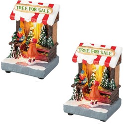 2x stuks kerstdorp kersthuisjes kerstbomen winkeltjes met verlichting 8 x 11 cm - Kerstdorpen
