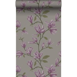 Origin Wallcoverings behang magnolia taupe en aubergine paars - 53 cm x 10,05 m - 347052