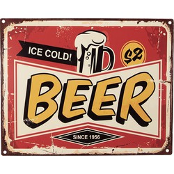 Clayre & Eef Tekstbord  25x20 cm Rood Geel Ijzer Ice cold Beer Wandbord