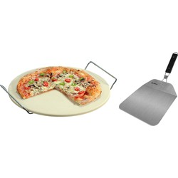 Keramieken pizzasteen rond 33 cm met handvaten en inklapbare RVS pizzaschep 25 cm - Pizzaplaten