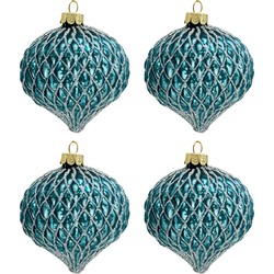 Clayre & Eef Kerstbal Set van 4  Ø 8 cm Blauw Glas Rond Kerstboomversiering