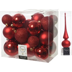 Kerstversiering kunststof kerstballen met piek rood 6-8-10 cm pakket van 27x stuks - Kerstbal