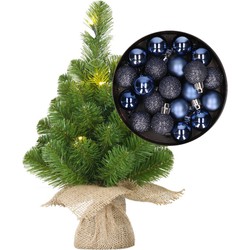 Mini kerstboom/kunstboom met verlichting 45 cm en inclusief kerstballen donkerblauw - Kunstkerstboom