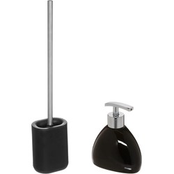 WC-/toiletborstel en houder - zwart - met zeeppompje 300 ml - Badkameraccessoireset