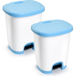 2x Stuks afvalemmer/vuilnisemmer/pedaalemmer 27 liter in het wit/lichtblauw met deksel en pedaal - Pedaalemmers