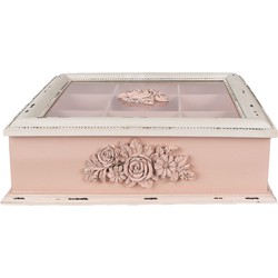 Clayre & Eef Theedoos 9 vakken  32x26x9 cm Roze Houtproduct Rechthoek Bloemen Theekist