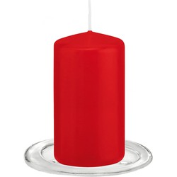 Trend Candles - Stompkaarsen met glazen onderzetters set van 2x stuks - rood 6 x 12 cm - Stompkaarsen