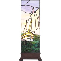 LumiLamp Tiffany Tafellamp  18x18x48 cm  Beige Paars Glas Kunststof Vierkant Zeilboot Tiffany Bureaulamp