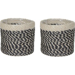 2x stuks naturel zwart rotan planten pot mand van gedraaid jute/riet H12 en D12 cm - Plantenpotten