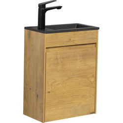 Badplaats Toiletmeubel Sinta 40 x 22 cm - Eiken - Fonteinmeubel met Zwarte Wastafel