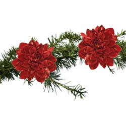 2x stuks kerstboom decoratie bloemen velvet rood op clip 16 cm - Kersthangers