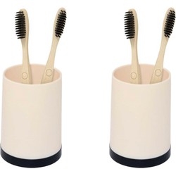 2x Stuks Badkamer tandenborstelhouder en/of drinkbeker kunststof beige/zwart 8 x 10 cm - Badkameraccessoireset