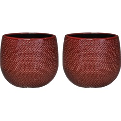 Set van 3x stuks bloempotten bordeaux rood ribbels keramiek voor kamerplant H14 x D16 cm - Plantenpotten