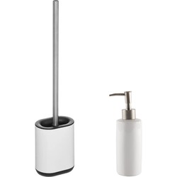 WC-/toiletborstel en houder - wit - met zeeppompje 400 ml - Badkameraccessoireset