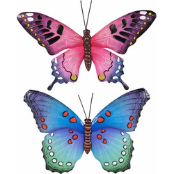 Set van 2x stuks tuindecoratie muur/wand vlinders van metaal in blauw en roze tinten 48 x 30 cm - Tuinbeelden