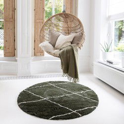 Berber Rond vloerkleed hoogpolig Groen/Cream - scandinavisch - nea - Polypropyleen - Rond 200 Ø - (L)