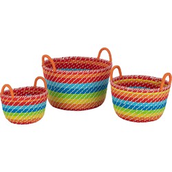 J-line - Set Van 3 Mand Regenboog Strepen+handvaten Zeegras Mix - 39x39x24cm