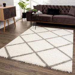 Tapijtenloods Madrid Shaggy Geruit Vloerkleed Creme Hoogpolig- 80x150 CM