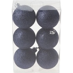 6x Kunststof kerstballen glitter donkerblauw 6 cm versiering - Kerstbal