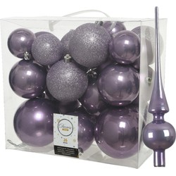 Set van 26x stuks kunststof kerstballen incl. glazen piek glans lila paars - Kerstbal