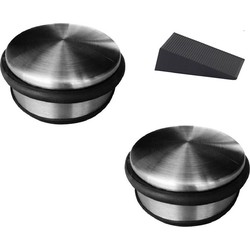 2x RVS deurstop rond 4,5 x 11 cm + gratis deurwig - Deurstoppers