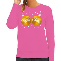 Bellatio Decorations Foute kersttrui/sweater dames - kerstballen - roze - gouden ballen - kerst bal XS - kerst truien