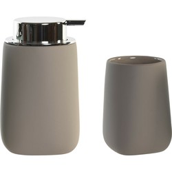 Badkamer accessoires setje drinkbeker en zeeppompje 14 cm taupe - Zeeppompjes