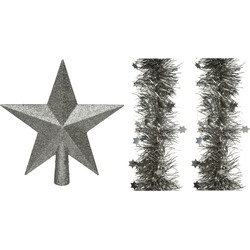 Set van een kerst ster piek en 2x stuks kerstslingers antraciet (warm grey) glitter 270 x 10 cm - kerstboompieken
