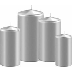4x stuks metallic zilveren stompkaarsen 8-10-12-15 cm - Stompkaarsen