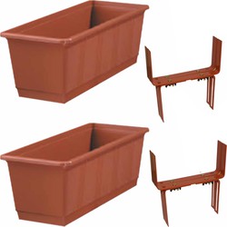 Set van 2 kunststof plantenbakken terracotta rechthoekig 40 cm met 4 verstelbare balkon/muurbeugels - Plantenbakken