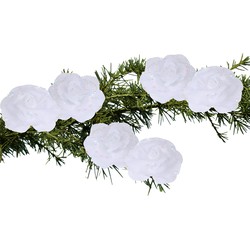 6x stuks decoratie bloemen rozen wit op clip 9 cm - Kunstbloemen
