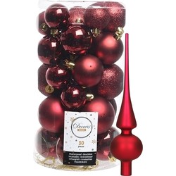 Decoris kerstballen 30x stuks - donkerrood 4/5/6 cm kunststof mat/glans/glitter mix en piek - Kerstbal