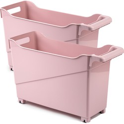 Set van 4x stuks kunststof trolleys pastel roze op wieltjes L45 x B17 x H29 cm - Opberg trolley