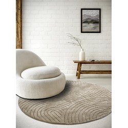 Rond Japandi vloerkleed laagpolig - New York Design - Panglao Taupe - 200cm rond Ø