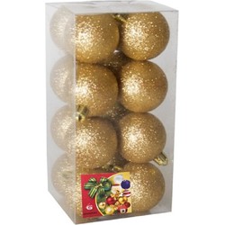 Gerimport Kerstballen - 16x - goud - kunststof - glitters - D5 cm - Kerstbal