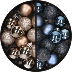 34x stuks kunststof kerstballen champagne en donkerblauw 3 cm - Kerstbal