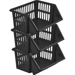 Mand/organizer - 3x - stapelbaar - zwart - 35 x 29 x 27 cm - Opbergmanden