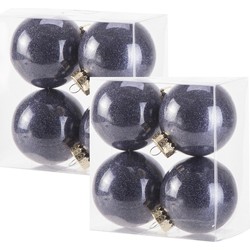 12x stuks kunststof kerstballen met glitter afwerking donkerblauw 8 cm - Kerstbal