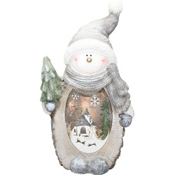 ECD Germany Sneeuwpop Figuur met LED-verlichting 53 cm Warm Wit met Grijze Muts en Sjaal,Houten Look,Werkt op batterijen