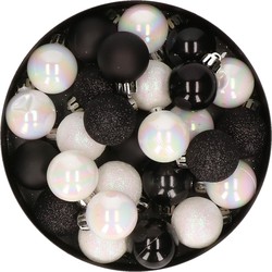 28x stuks kunststof kerstballen parelmoer wit en zwart mix 3 cm - Kerstbal