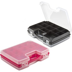 Forte Plastics - 4x Opberg vakjes doos/Sorteerbox - 21-vaks kunststof - 28 x 21 x 6 cm - zwart/roze - Opbergbox