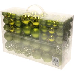 Pakket met 110x stuks kunststof kerstballen/ornamenten met piek lime groen - Kerstbal