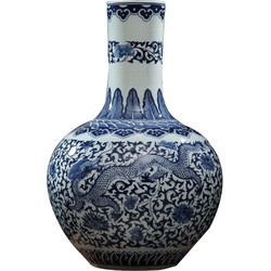 Fine Asianliving Grote Chinese Vaas Blauw Wit Dragon Handbeschilderd