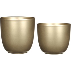 Plantenpot/bloempotten set - 2x stuks - keramiek - goud - D17 en D19 cm - Plantenpotten