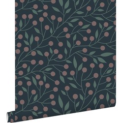 ESTAhome behang bloemmotief donkerblauw en roze - 50 x 900 cm - 139594