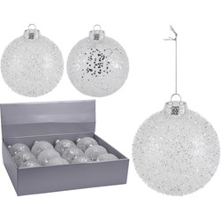 9x Zilveren glitter kerstballen kunststof 10 cm type 1 - Kerstbal