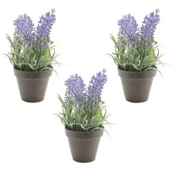 3x Kaemingk Kunstplant - lavendel - paars - 17 cm - in zwarte pot - lavandula - Kunstplanten